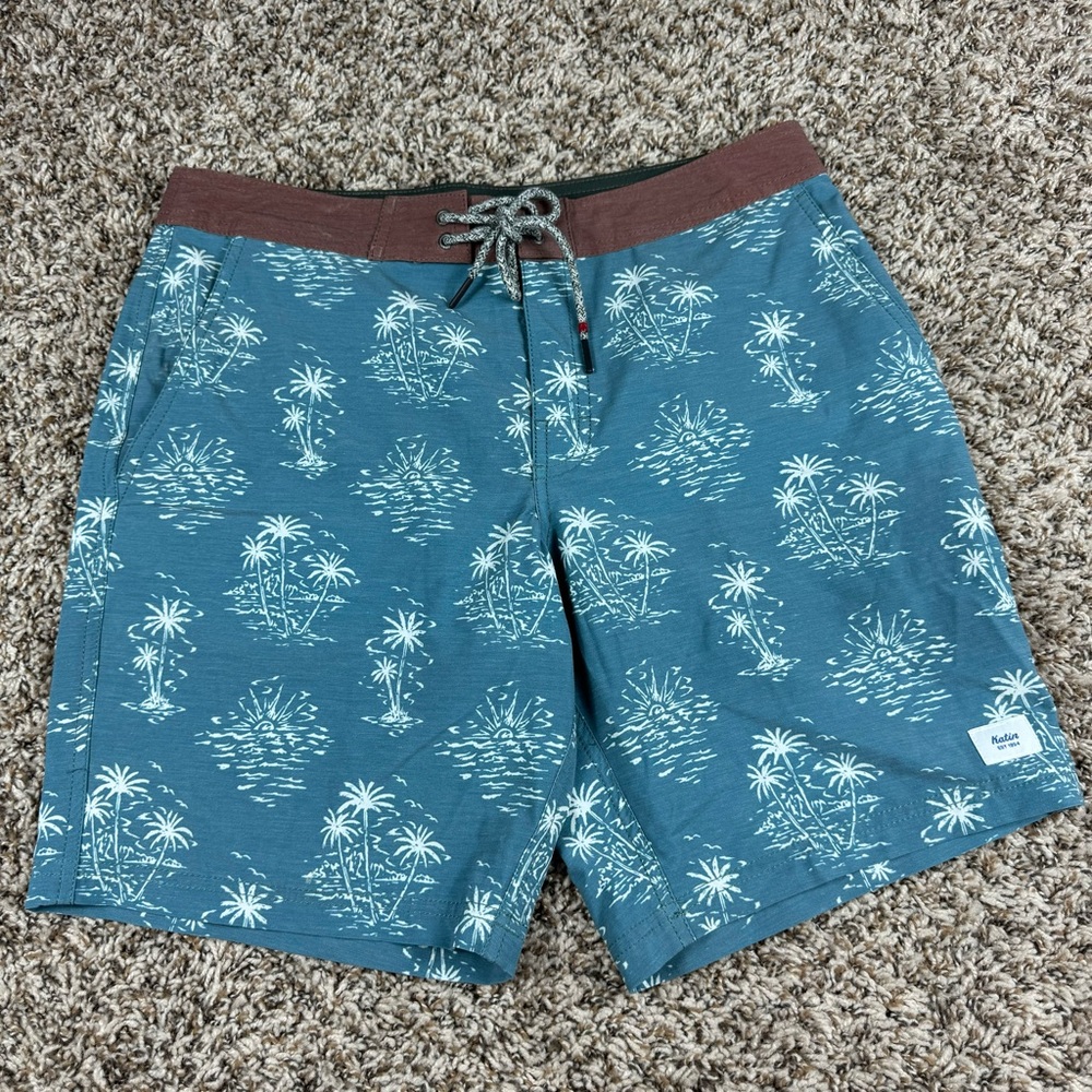 Katin Teal Palm Print Swim Shorts with Brown Waistband